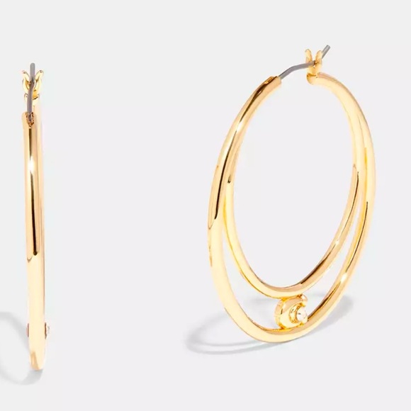 New Coach Logo Signature Double Hoop Earrings with Crystal in Gold Plated Brass - Picture 2 of 5